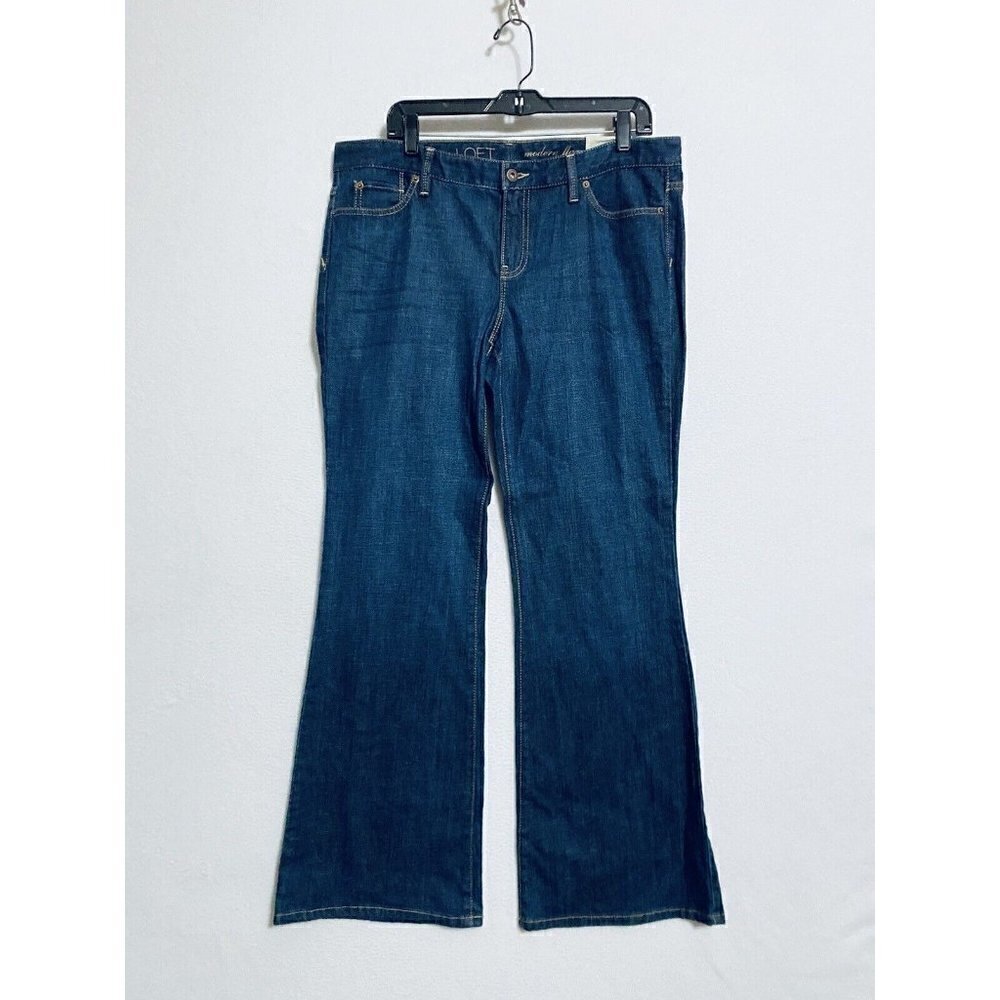 LOFT Womens 14 Modern Flare Jeans Medium Wash Distressed Back Flap Pockets Boho
